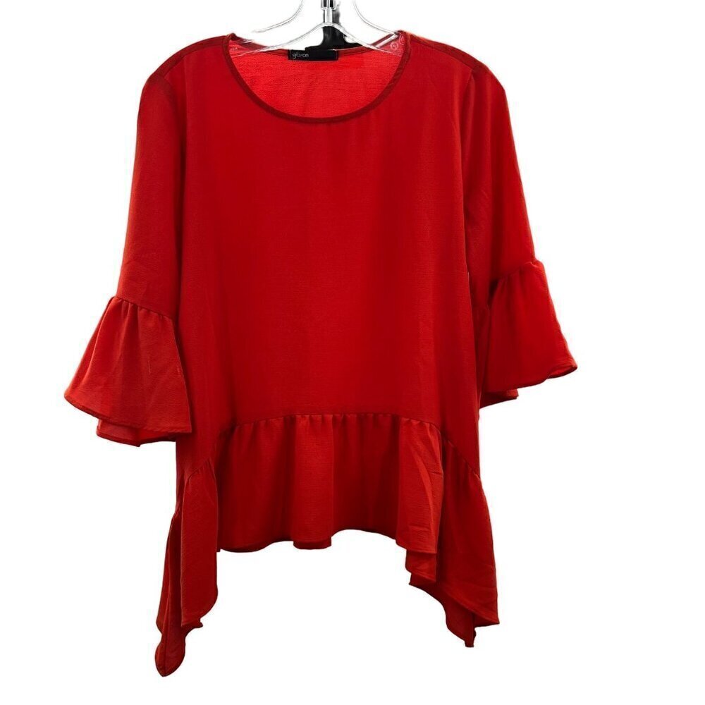 Gibson Women's 3/4 Bell Sleeve Ruffle Hem Top Red Size Small